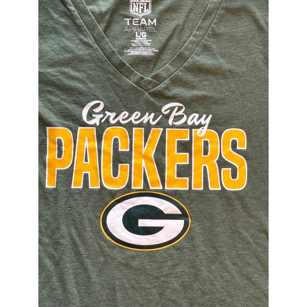 NFL Team Apparel Green Bay Packers Womens V-Neck T-Shirt Green Large L Logo